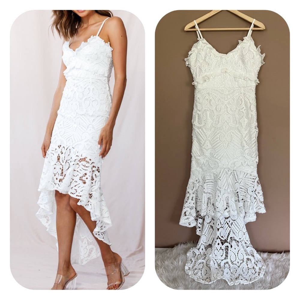 {Angel Biba} Shakeera High-Low Hem Sleeveless Lace Dress in White - Size Medium